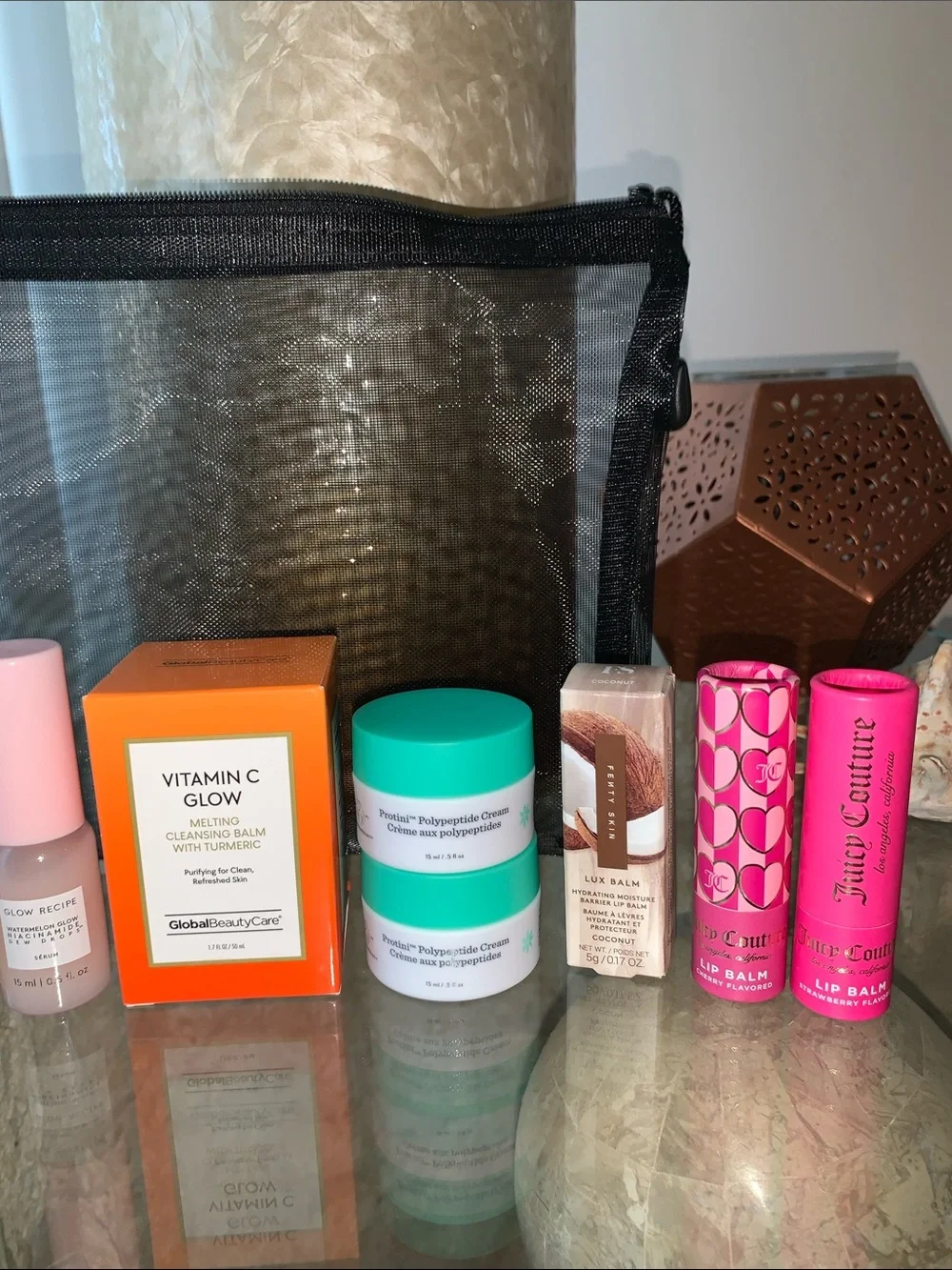 Assorted Skincare & Lip Balms with Black Mesh Cosmetic Pouch